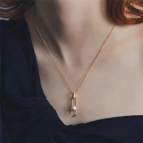 Modern Link Pearl Pendant Necklace - Gold Vermeil